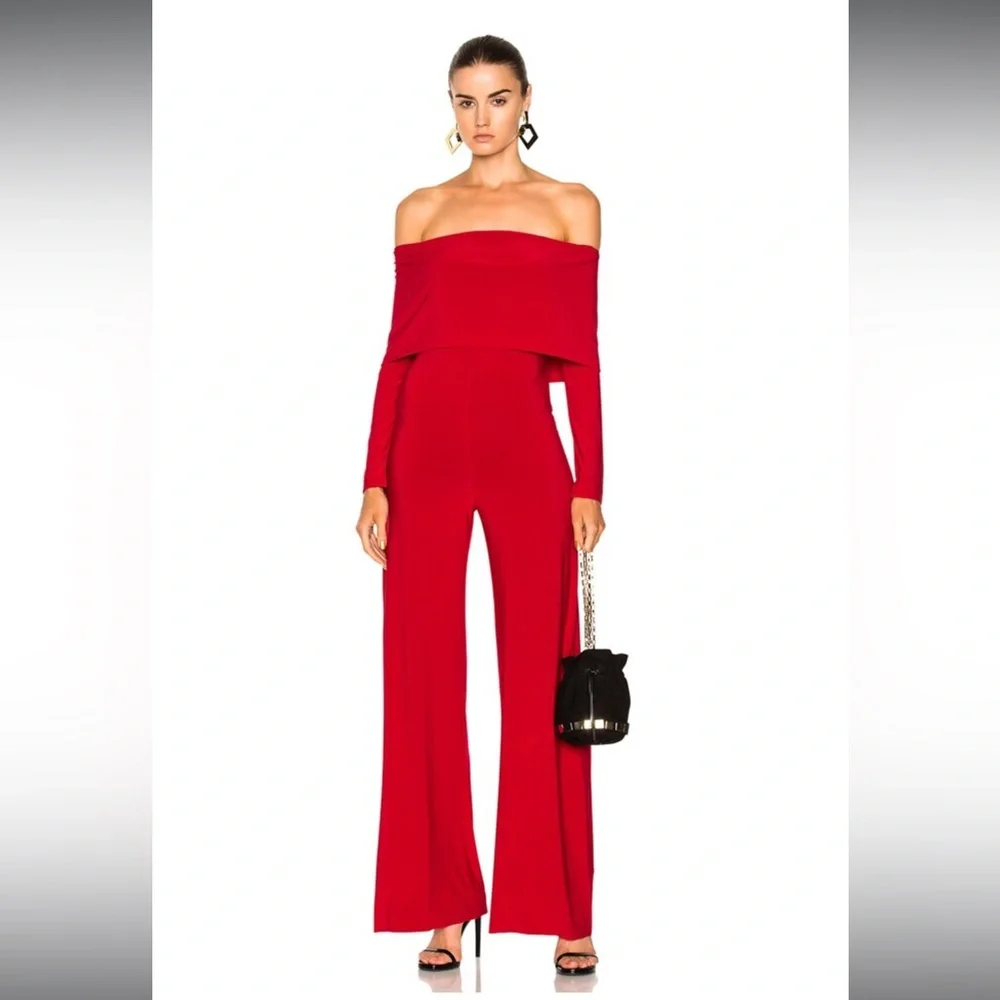 NORMA KAMALI Foldover Off Shoulder Straight Leg Jumpsuit XS Black - Picture 3 of 7